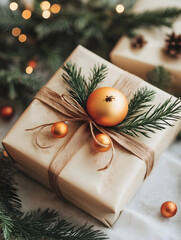 Poster - Elegant Christmas Gift Box Wrapped with Pine and Gold Ornament : Generative AI