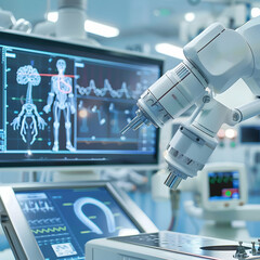 Poster - Advanced robotic surgical system analyzing patient data in a modern medical facility