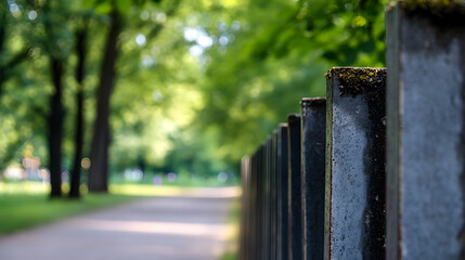 Poster - Pathway with green trees and stone fence in a serene park setting : Generative AI