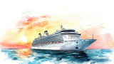 A stunning watercolor illustration of a cruise ship sailing at sunset, surrounded by beautiful ocean waves and seagulls flying above.