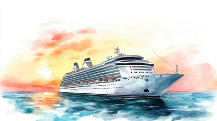 a stunning watercolor illustration of a cruise ship sailing at sunset, surrounded by beautiful ocean