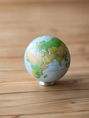 Poster - Minimalistic Globe on Wooden Surface Symbolizing Global Exploration and Geography : Generative AI
