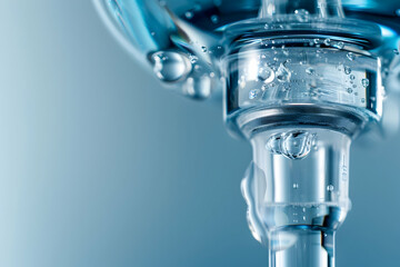 Poster - Close-up of water droplets forming on a clear glass surface with a soft blue background