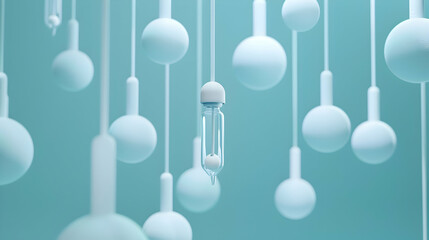 Poster - Abstract composition featuring suspended white spheres and a glass vial against a soft blue background
