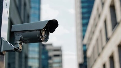Poster - Security camera gliding smoothly across building facade, capturing urban environment with blurred cityscape background, representing modern surveillance technology and digital monitoring systems