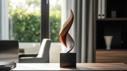 Poster - Elegant Office Decor, Modern Sculpture on Desk near Window Setting