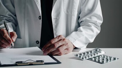 Poster - Healthcare professional in white lab coat carefully writing medical prescription, pharmaceutical blister packs positioned nearby during clinical consultation
