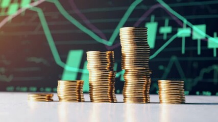 Poster - Gold coins form growing stacks in slow motion, symbolizing increasing profits against a backdrop of stock market charts, representing financial growth and investment success