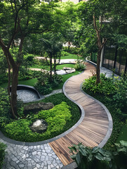 Poster - Scenic Winding Garden Path with Lush Greenery and Wooden Walkway under Leafy Trees : Generative AI