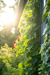 Aufkleber - Lush Green Climbing Plants in Sunlit Garden Brightness : Generative AI