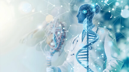 Poster - Futuristic healthcare professional analyzing DNA structure with digital technology background