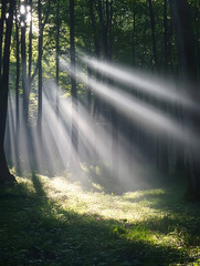 Poster - Enchanted forest with sun rays filtering through dense canopy of trees : Generative AI