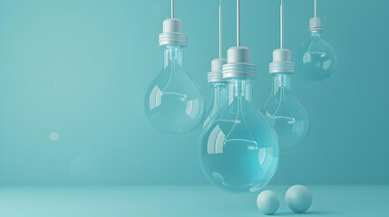 Poster - Modern artistic display of hanging light bulbs over a serene blue background with spheres
