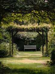 Poster - Peaceful Garden with Wooden Bench Surrounded by Green Archway and Lush Foliage : Generative AI