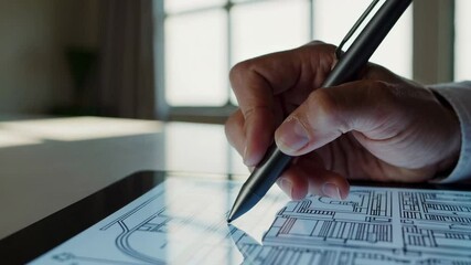 Poster - Professional architect drawing architectural blueprint using stylus pen on tablet computer, capturing precise design process with slow motion visualizing innovative digital drafting techniques