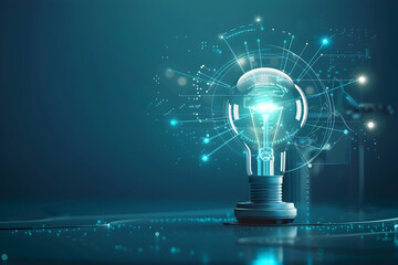 Poster - Futuristic light bulb emitting digital energy in a tech-inspired environment with glowing circuits