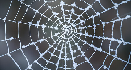 Frozen frost-covered spiderweb background. Delicate white ice crystals tracing fine lines
