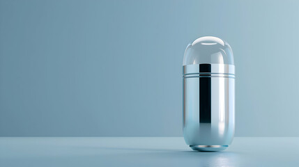 Poster - Sleek metallic capsule on a minimalist surface with soft blue background, ideal for product design