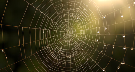 Spiderweb with dewdrops background. Intricate silk strands reflecting morning light