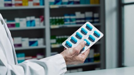 Poster - Professional pharmacist wearing white lab coat carefully rotating and examining blue medication blister pack with blurred pharmacy background in slow motion sequence