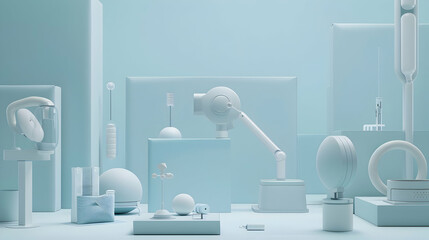Poster - Minimalist display of futuristic white technology and objects in a serene blue environment