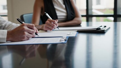 Poster - Business professionals finalizing crucial agreement, carefully signing contract while emphasizing collaborative partnership and legal commitment at professional office workspace