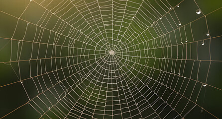 Spiderweb with dewdrops background. Intricate silk strands reflecting morning light