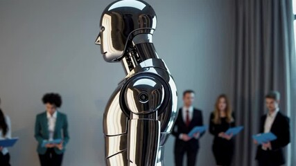 Aufkleber - Metallic humanoid robot standing confidently during job interview, representing technological advancement and futuristic employment strategies in modern workplace environment