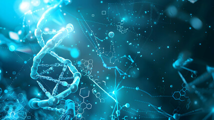Poster - Abstract representation of DNA strands and molecular structures illuminated in blue tones