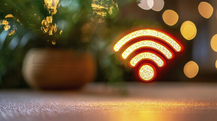 Poster - Wi Fi signal icon glowing in warm light, surrounded by greenery and bokeh