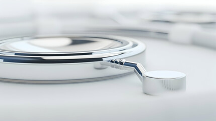 Poster - Close-up of a shiny, circular metallic object reflecting soft light on a smooth surface