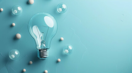 Poster - Clear light bulb surrounded by transparent bubbles on a soft blue background, symbolizing creativity