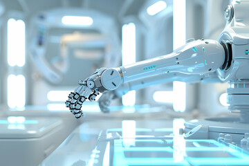 Poster - Advanced robotic arm operating in a futuristic laboratory with glowing elements and machinery