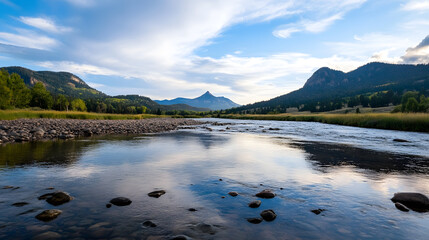 Aufkleber - Serene River Landscape with Mountains and Blue Sky Reflections : Generative AI