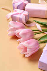 Wall Mural - Gift boxes and pink tulips on beige background. Closeup