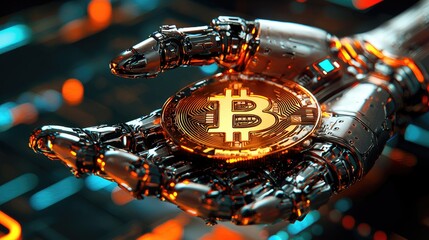 Poster - Robotic Hand Holding Bitcoin Coin in Futuristic Digital Setting