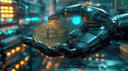 Poster - Robotic Hand Holding Bitcoin Cryptocurrency Token in Futuristic Setting