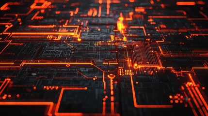 Fototapete - Abstract Digital Circuit Board with Glowing Orange Lines and Patterns