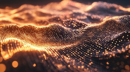 Fototapete - Abstract Digital Waves with Glowing Particles in Dark Background