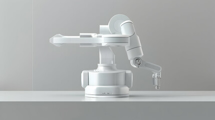 Poster - Sleek white robotic arm positioned on a minimalist table against a light background