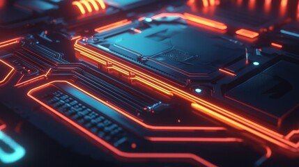 Poster - Futuristic Circuit Board with Neon Lights and High-Tech Design