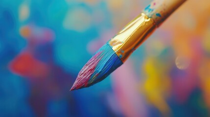 Poster - Close-up shot of a paintbrush with colorful paint and vibrant background