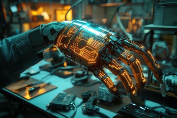 Poster - Close-up of an advanced robotic hand with intricate circuitry glowing, set in a futuristic laboratory with various tools and equipment on the table, showcasing technology and innovation.