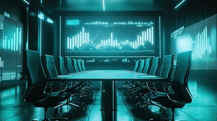 Poster - Futuristic Conference Room with Data Visualization and Dark Lighting