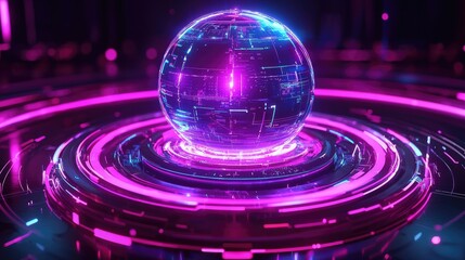 Fototapete - Futuristic Digital Sphere with Neon Lights and Glowing Patterns