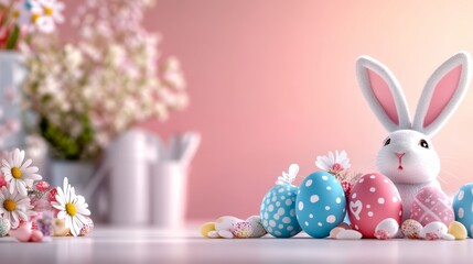 Wall Mural - Bunny is sitting on a table with a bunch of Easter eggs and flowers. The bunny is surrounded by a pink background, which gives the image a warm and cheerful mood