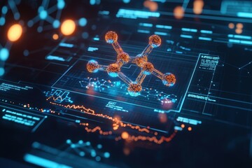 Poster - Futuristic technology background with glowing molecular structure, data analysis, artificial intelligence, network connections, showcasing advanced scientific developments concept.
