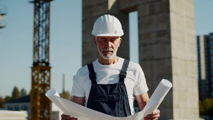 Poster - Professional engineer wearing white hard hat and blue overalls reviewing construction blueprints at industrial site, showcasing expertise through careful analysis in slow motion