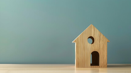 Poster - Minimalist wooden house model on a smooth surface with a soft blue background, ideal for design