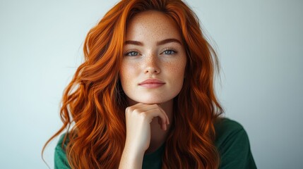 Wall Mural - Woman with red hair and green shirt. She is looking at the camera. The hair is long and curly